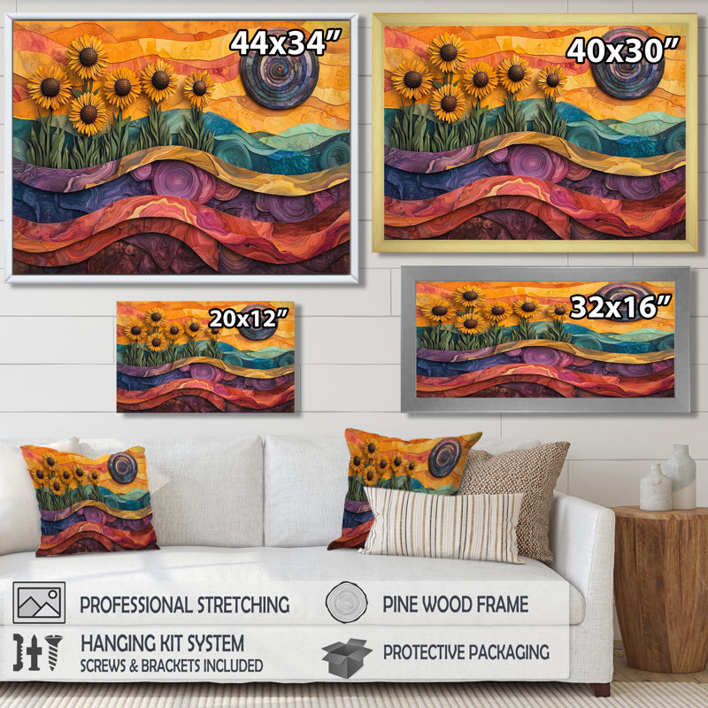 Donnabel Sunflowers Garden At Desert On Slide - Art mural toile de tournesols, H 30 po x l 40 po, Blanc