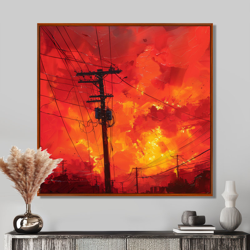 Red Yellow Voltage Vibes Power Lines II - Power Lines, impression d'art mural, H 36 po x l 36 po, Cadre flottant brun