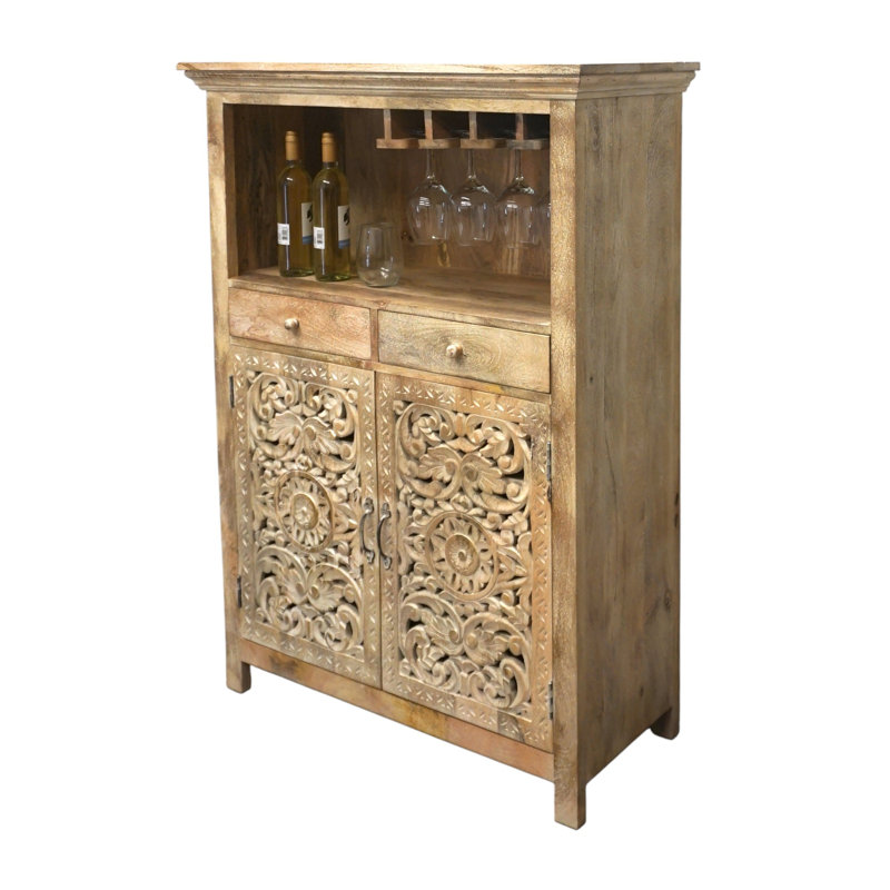 Hand-carved Home Bar With 3 Stemware Rails