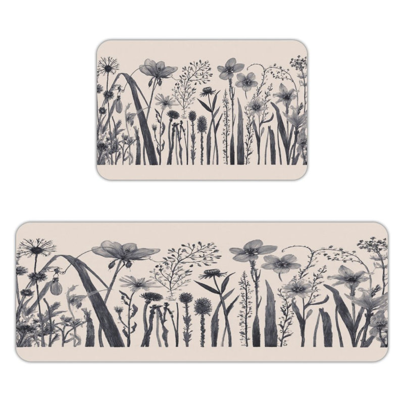 Elegant Floral Motifs, 2 Pcs Non Slip Kitchen Mats, Dark Gray Floral