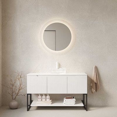 Bathroom Vanity&Sink, Freestanding Bathroom Storage Cabinet With 3 Doors And Open Shelf, Round Glass Basin&Carrara Sintered Stone Top