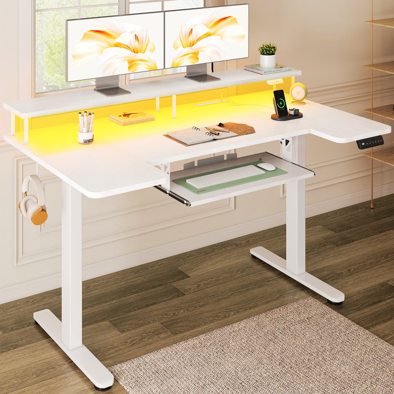Standing Desk With Large Monitor Shelf,u Shaped Electric Standing Desk With Built-in Power Outlets, Gaming Desk With Led Light, Home Office Desk With Keyboard Tray,writing Desk With Versatile Hook