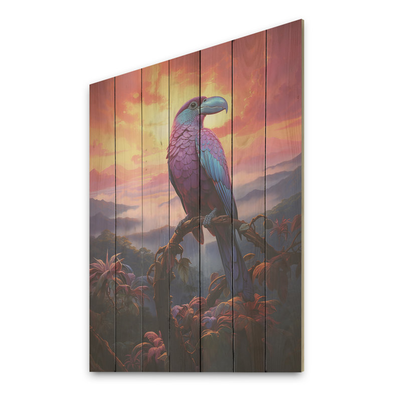 Coucher de soleil dans la jungle tropicale rose et jaune - animal toucan sur bois, H 40 po x l 30 po