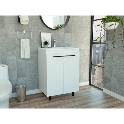 Meuble-lavabo 24 po, armoire de plancher, porte double, deux tablettes - blanc