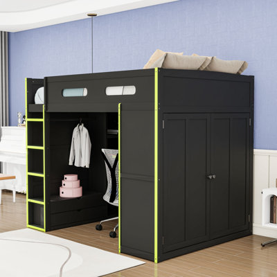Full Size Wooden Loft Bed With Built-In Desk, USB Port, LED Lighting And Drawers