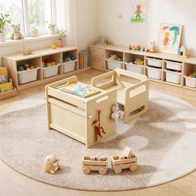 Wooden Kids Table and Chair Set with Storage Drawer, Montessori Toddler Activity Table Chair for Art, Reading, Building Blocks, Playroom, Nursery