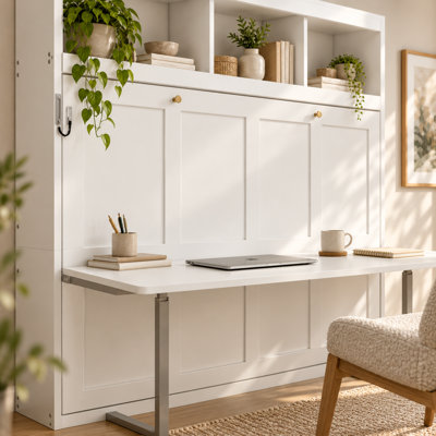 Lit escamotable horizontal double avec bureau d'étude intégré et armoire de rangement supérieure, lit escamotable peu encombrant, structure en métal, lattes en bois massif multicouches, pieds automatiques