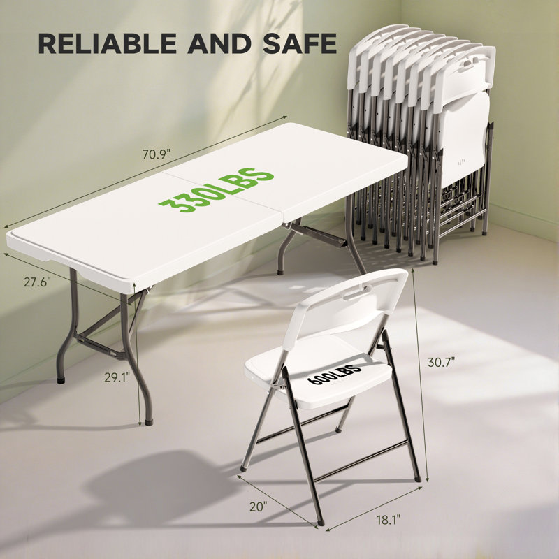 Ensemble 9 pièces de table rectangulaire pliable de 6 pieds et chaises, ensemble de meubles pliables portatifs de 330 lb et de 600 lb pour l'intérieur et l'extérieur
