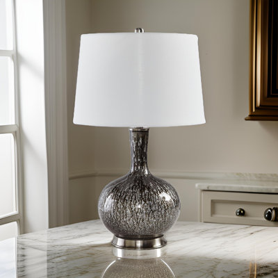 Lampe de table 26 po, base ronde en verre noir, abat-jour tambour blanc