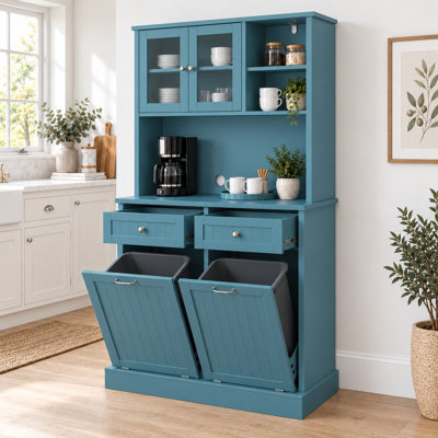 Armoire de cuisine de 172 cm de haut avec portes vitrées, tiroirs et poubelle basculante de 75 litres - Style ferme - Bleu turquoise