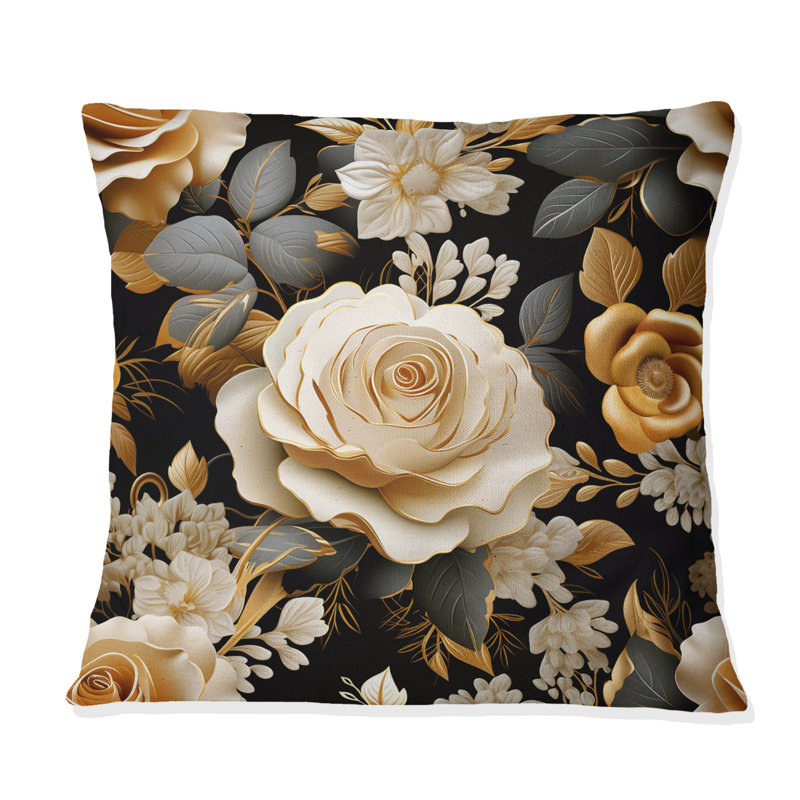 Coussin Elegant Beige Rose Harmony - imprimé floral, H 16 po x l 16 po