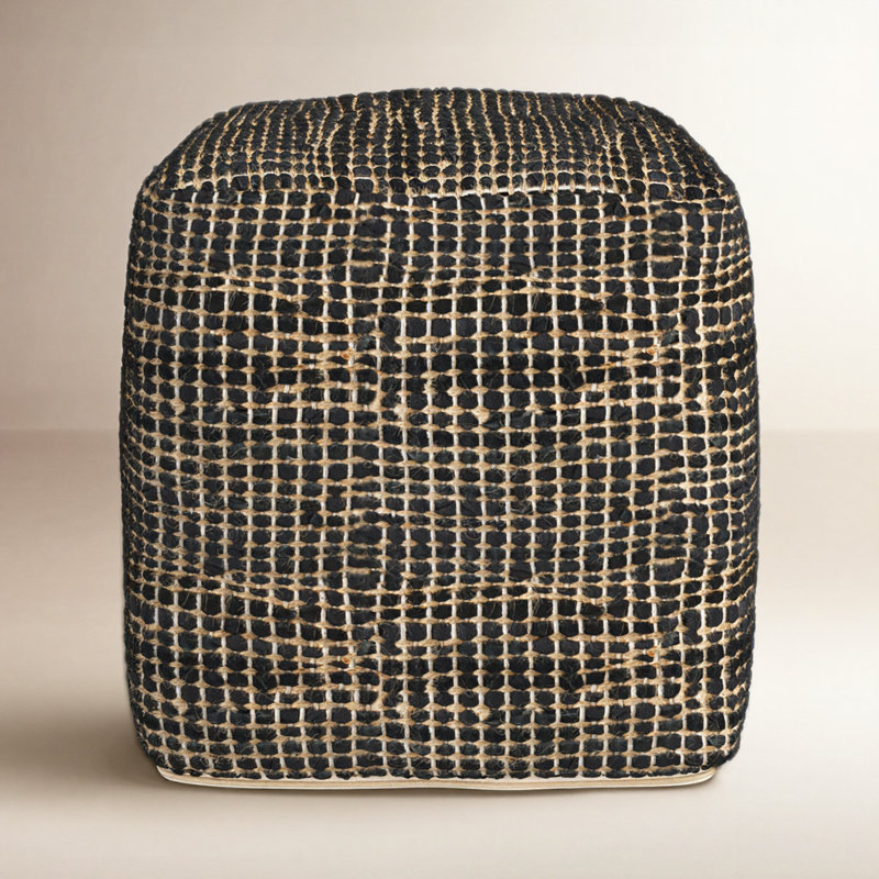 0H Leather And Jute Pouf, Charcoal