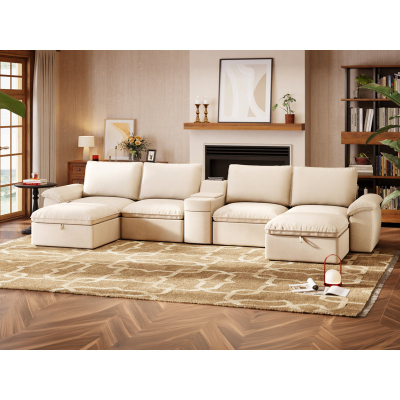 Canapé modulaire 4 places avec 2 repose-pieds et table de bout, Mélange de polyester beige