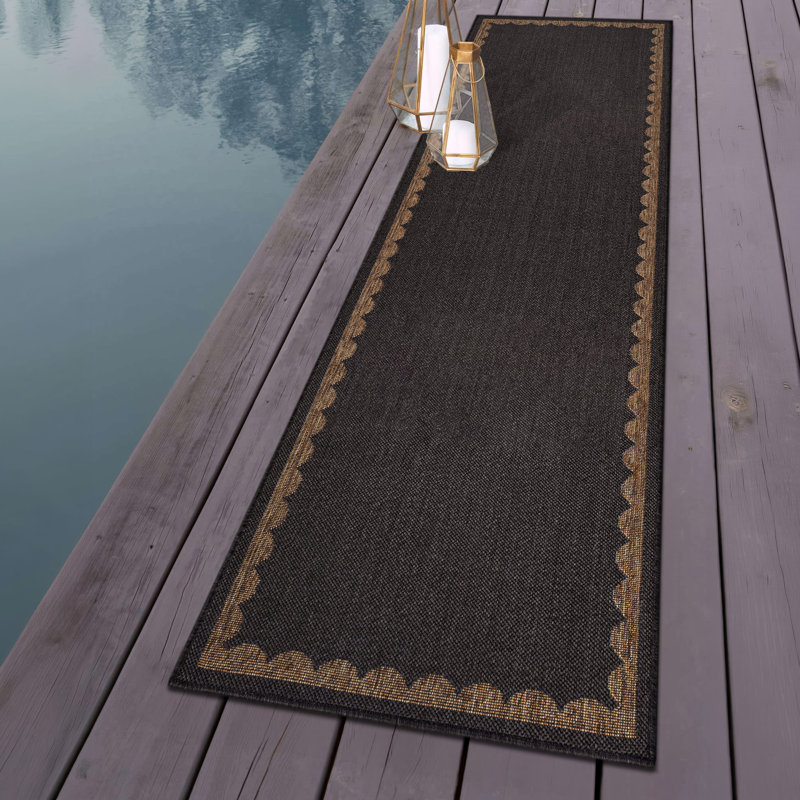 Tapis tissé à plat en jute gris foncé / naturel à bordure festonnée, Gris foncé, Tapis de couloir 2 pi 3 po x 6 pi