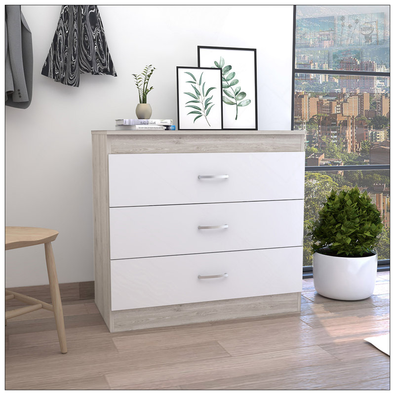 Commode H 29 po, trois tiroirs, quincaillerie en métal, plateau supérieur, gris clair / blanc