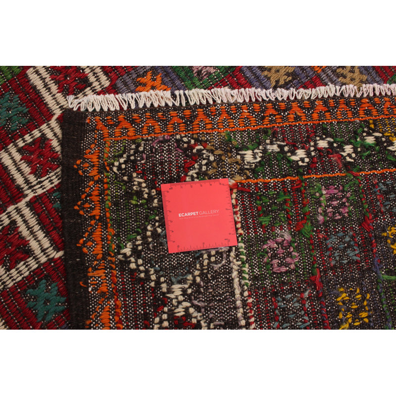 Tapis rouge / vert / mauve en laine tissé à la main Politte