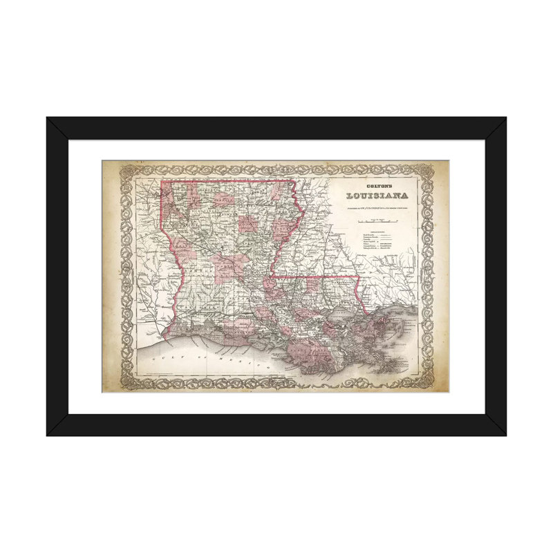 « louisiana map, 1886 », impression sur toile, H 16 po x l 24 po x P 1 po, Papier beaux-arts encadré noir, Blanc