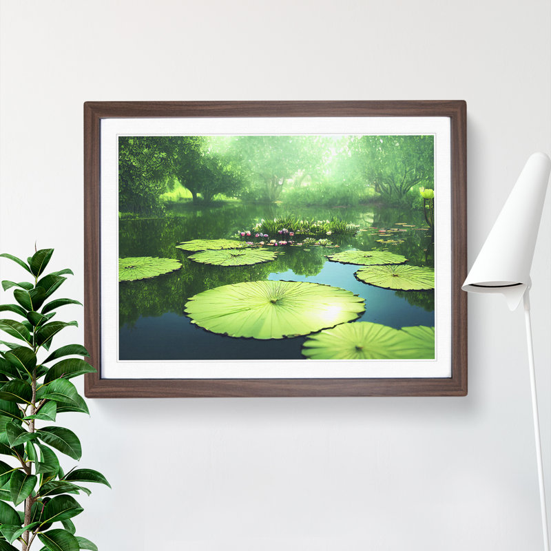 Blissful Water Lily Pond - Single Picture Frame Print, 46cm H x 64cm W x 2cm D, Walnut