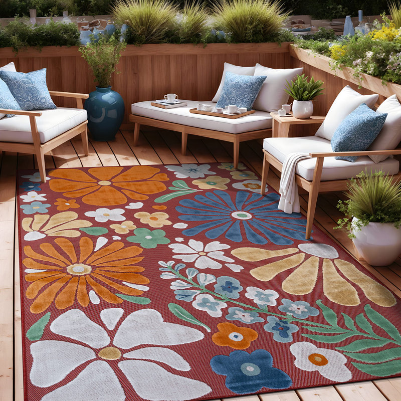 Tapis floral d'intérieur pour l'extérieur, Red, Rectangle 8' x 10'