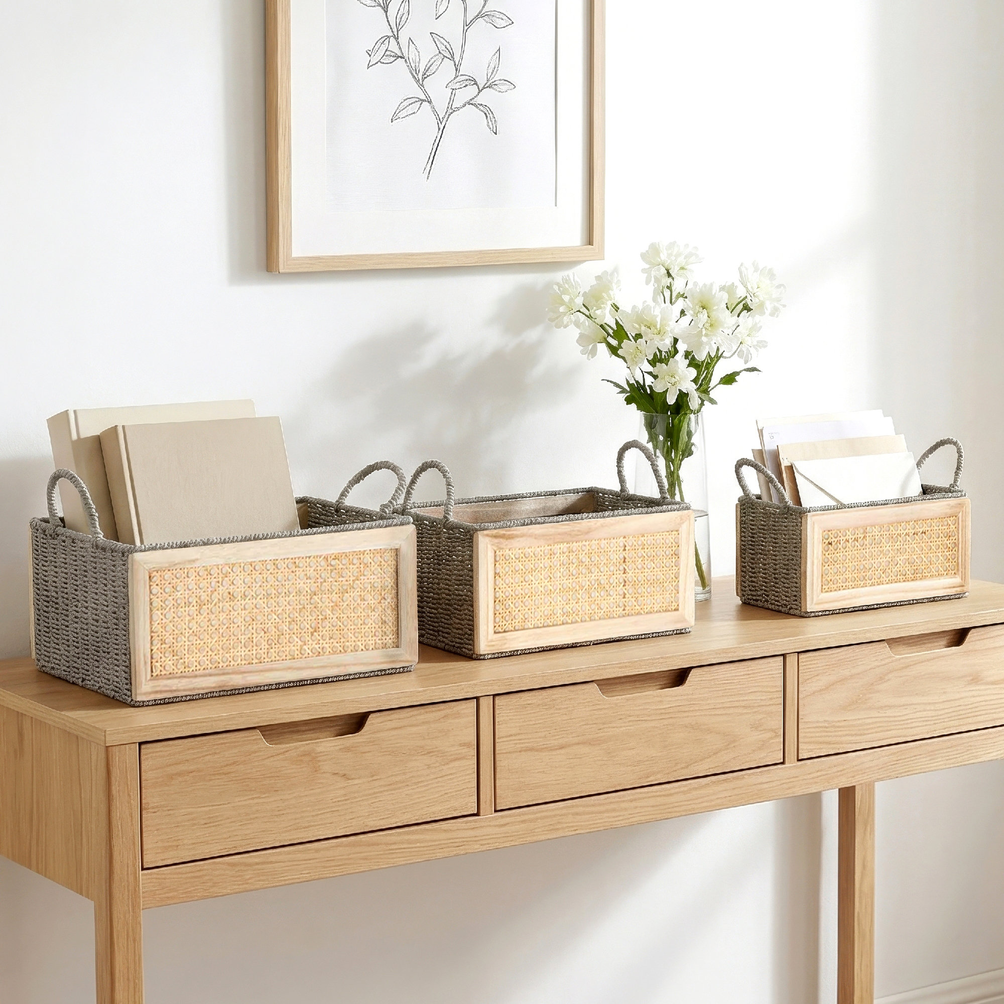 Wood Woven Decorative and Functional Light Brown Storage Basket with Gray Rope Accents Set