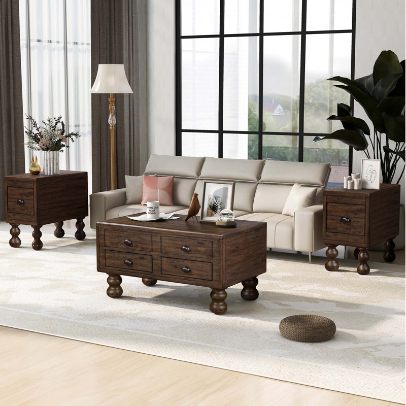 Ensemble de tables basses rectangulaires, 3 pièces de tables de salon en bois massif, 1 table basse et 2 tables de bout