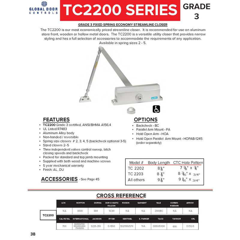 Commercial Grade 3 Door Closer with Backcheck in Aluminum, Duronodic, and White - Size 4, Aluminum