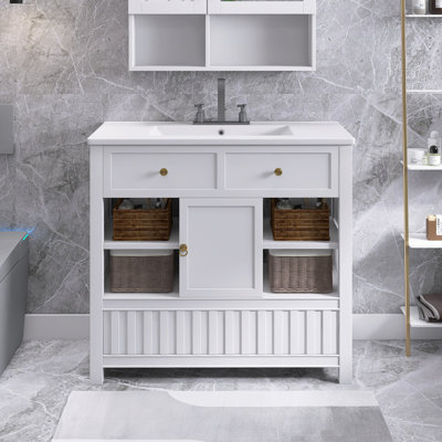 Meuble-lavabo blanc 36 po avec lavabo en céramique, armoire de salle de bain multifonctionnelle avec porte et tablettes de rangement, et tiroirs