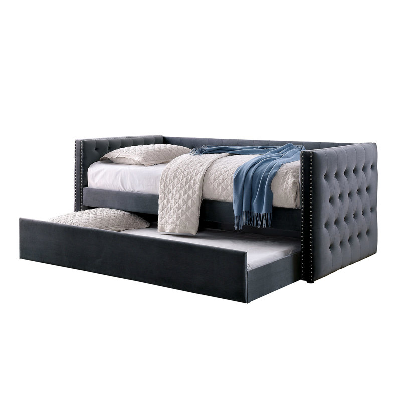 Daybed With Trundle Of Gray Transitional Vibe, Padded Flannelette Upholstery Button - , Nailhead Trim Design, Slat Kit Available Style Featuring Upholstery, And Provided