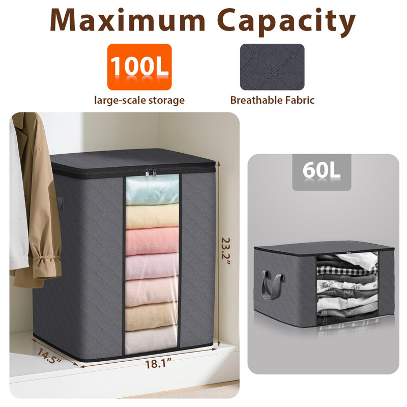 Foldable Thick Fabric Blanket Storage Bags,100 Liter Containers For Clothes And Comforters,3 Pack, Gray