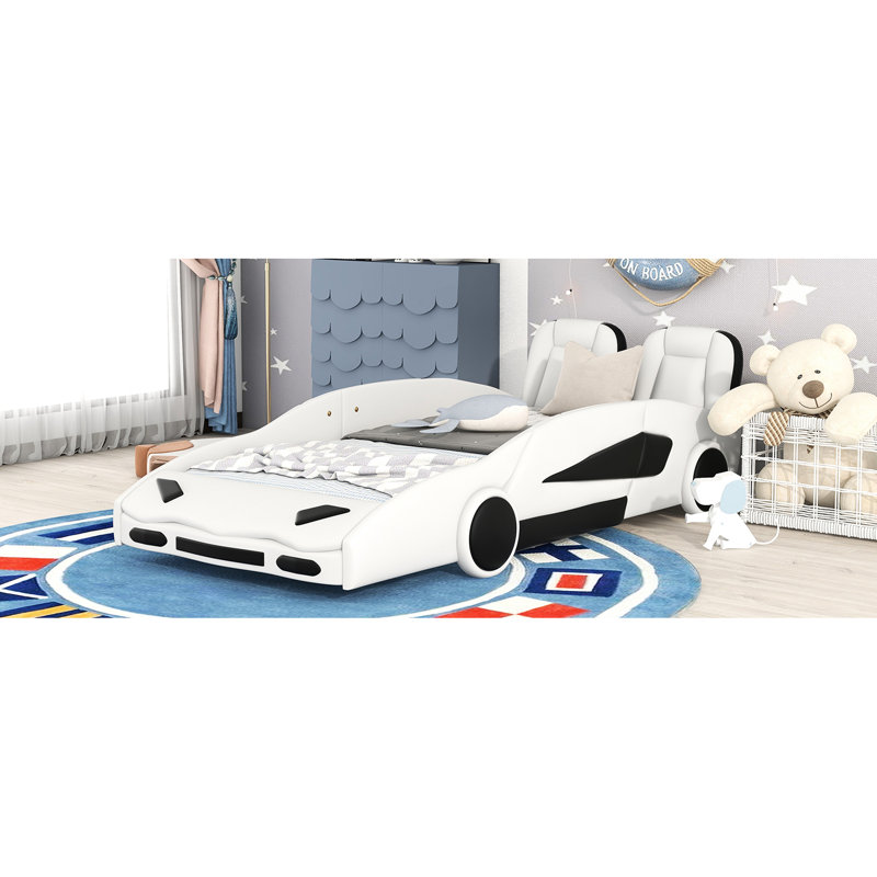 Lit simple en forme de voiture de course, blanc - Lit voiture confortable et sécuritaire avec roulettes au choix tendance