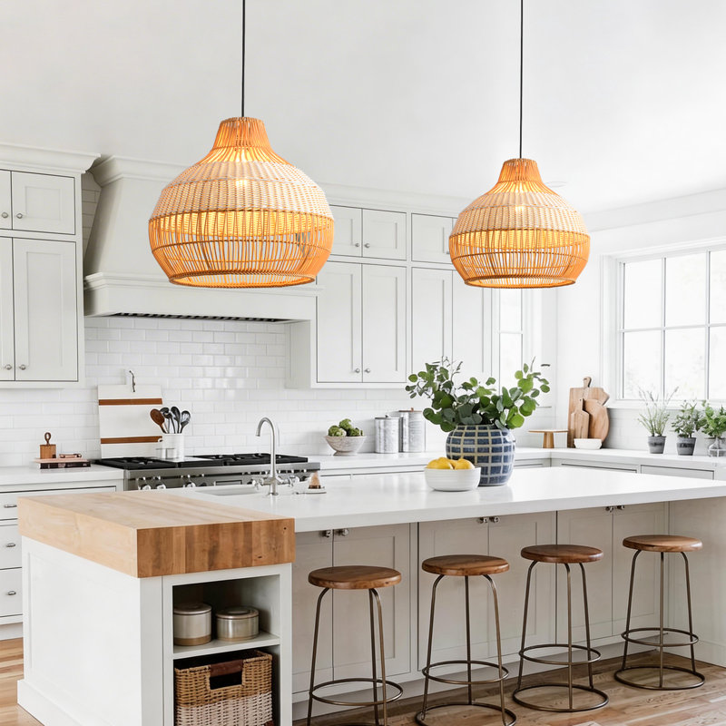 Rattan & Film Pendant Light, Mixed Materials Shade, Iron Frame, Adjustable Height, E27 Socket, 43 Cm Diameter, For Modern Rustic Decor (Bulb Not Included)