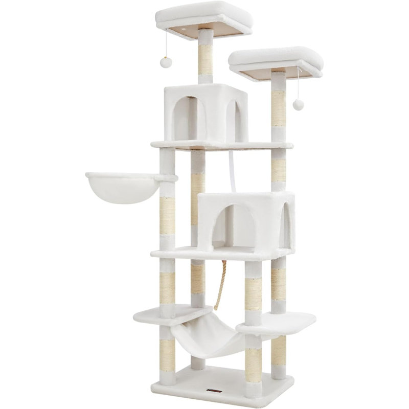 Cat Tree, 71.7-Inch Cat Tower For Indoor Cats, Plush Multi-Level Cat Condo With 13 Scratching Posts, 2 Perches, 2 Caves, Hammock, 2 Pompoms, Cream White MS013LC