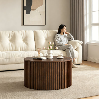 Table basse ronde à plateau relevable, décor moderne en bois cannelé avec rangement caché pour le salon, multifonctionnel et élégant