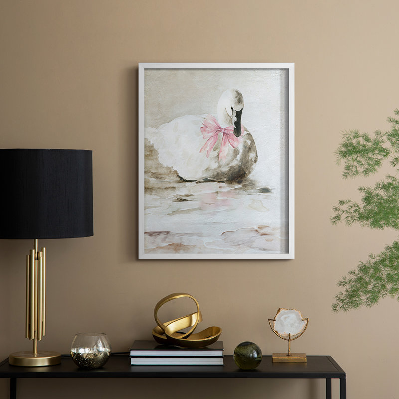 Reproduction encadrée de cygne rose - bois massif, H 11 po x l 9 po, Blanc