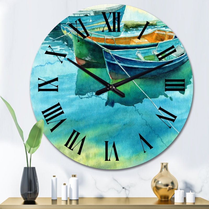 Bateaux de pêche à l'embarcadère - Horloge murale nautique et côtière, Grand