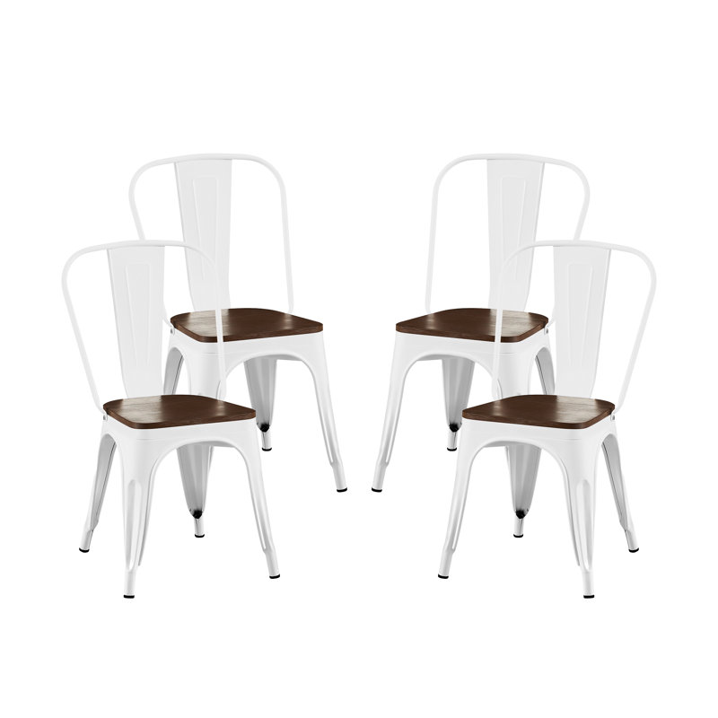 Lot de 4 chaises de salle à manger industrielles en métal et bois de noyer blanc brillant, empilables, d'une hauteur de 45 cm (18 pouces), confortables et modernes, pour une utilisation intérieure et extérieure.