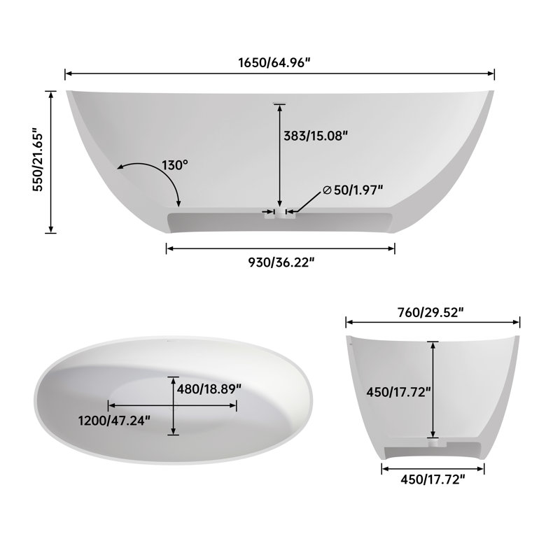 Premium Solid Surface Deep Soaking Bathtub, White