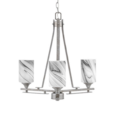 Uptowne 3 Light Uplight Chandelier Shown In Aged Silver Finish With 4" Onyx Swirl Glass