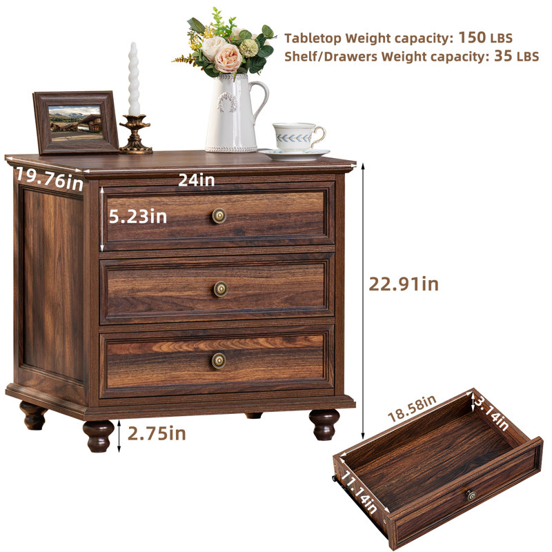 24" Wide Farmhouse Night Stand,Large End Table With 3 Drawers & Metal Handle,Dresser For Bedroom, Bed Side Table Chest Of Drawers Cabinet,Wood Nightstand For Living Room,Closet