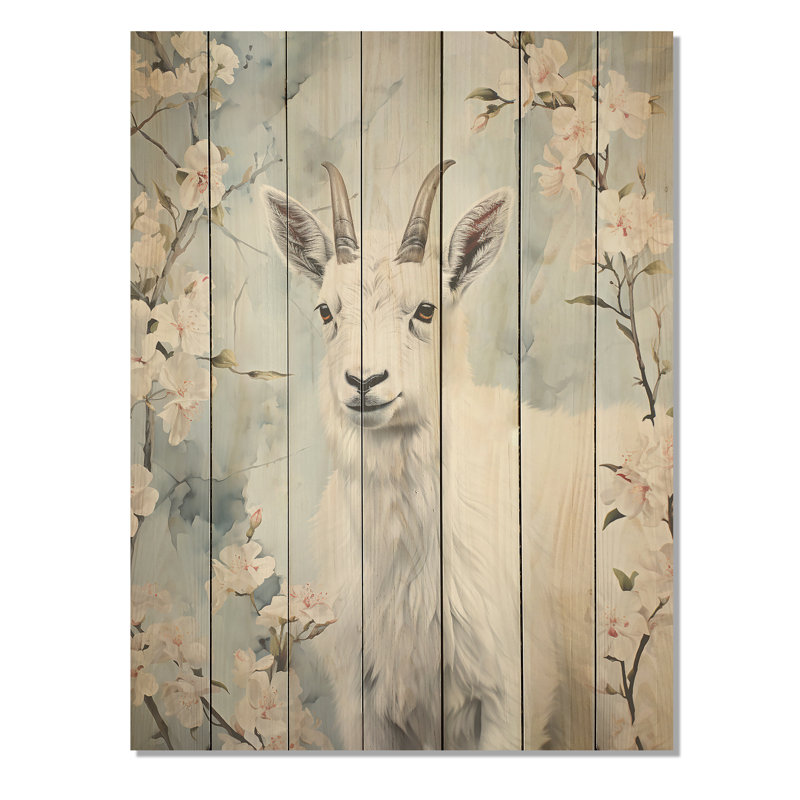 Chèvre blanche en hiver, tranquillité - animal de chèvre sur bois, H 32 po x l 24 po