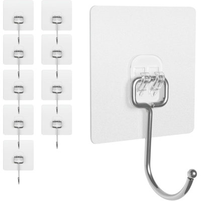Adhesive Wall Hooks For Hanging - 60Lb Heavy Duty Waterproof & Rustproof, Sticky Hooks For Walls No Damage, Kitchen/Bathroom/Rental (Ganchos Para Pared) 10-Pack