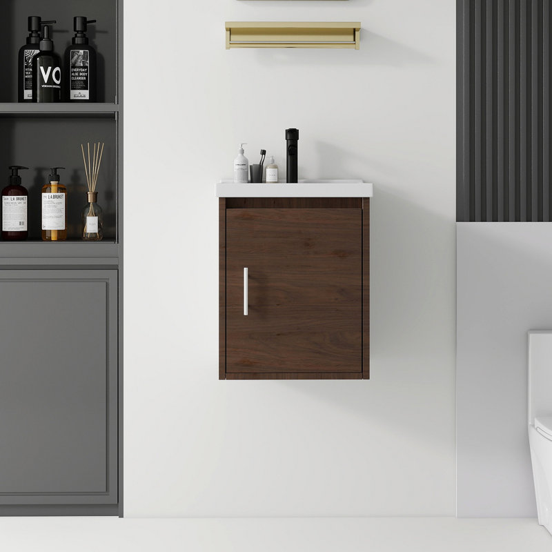 Meuble-lavabo flottant avec lavabo, porte à fermeture en douceur, lavabo en céramique, contreplaqué, Brown, 16"