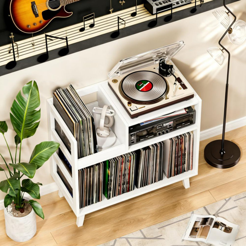 Mid-Century Modern Record Player Stand With Storage For 150+ Albums, White