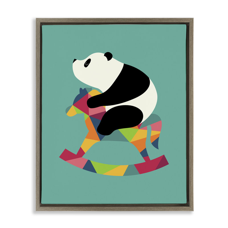 Panda sur un cheval à bascule, art mural sur toile flottante, design par Andy Westface, H 21 po x l 17 po