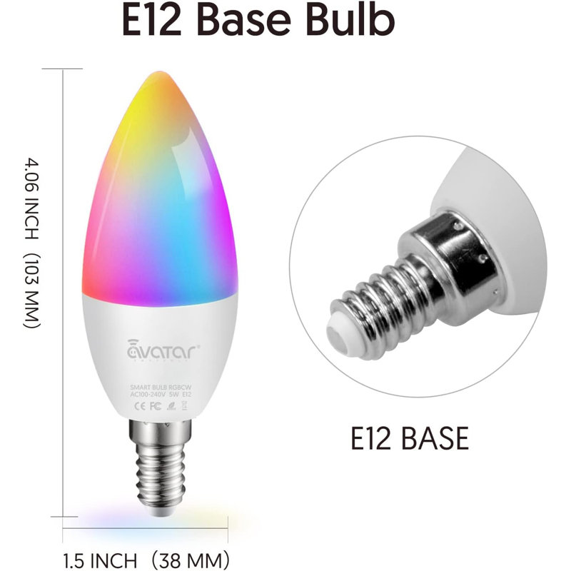 Ampoules intelligentes Wi-Fi Bluetooth E12 de type B avec ampoule candélabre fonctionnant avec Alexa Google Home RGBCW