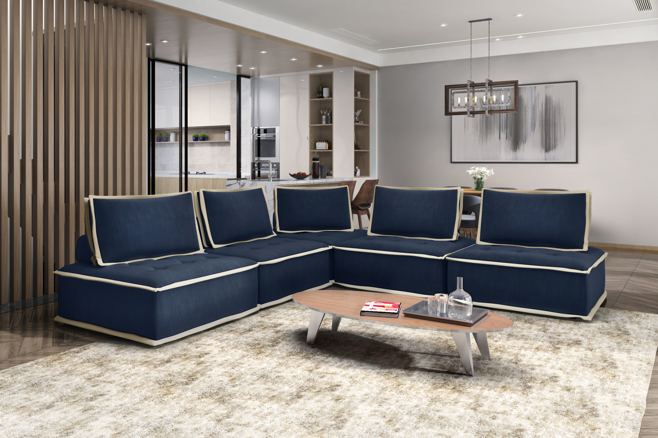 Longshore Tides Pixie Navy Blue And Cream Fabric Modular Sectional