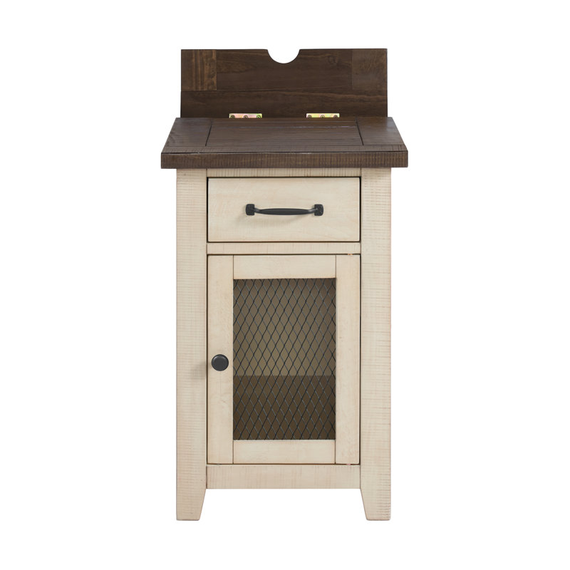 Jakendra Solid Wood End Table with Storage and Built-In Outlets, Brown Top/Cream Base