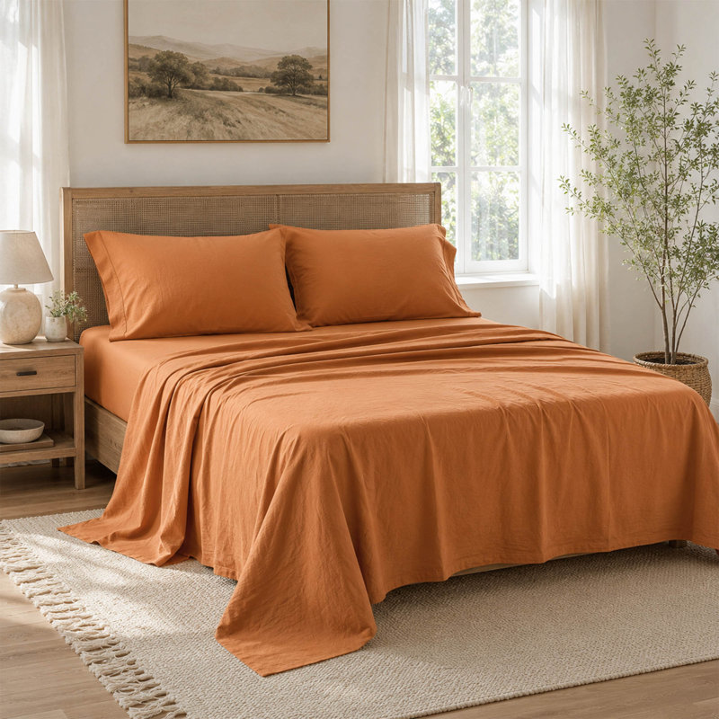 Ensemble de draps en coton délavé 4 pièces avec poches extra profondes, Orange