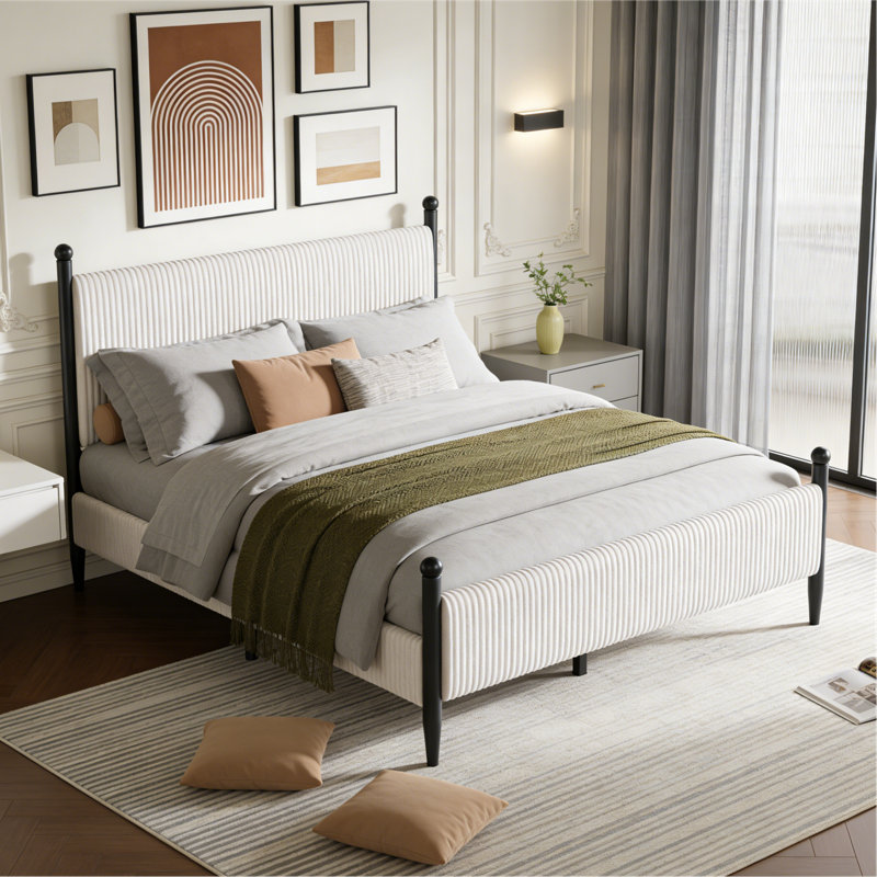 Structure de lit tapissier pour grand lit avec tête de lit en velours, plateforme en velours côtelé doux avec support en lattes de bois et pieds robustes, sans sommier, sans bruit, assemblage facile, blanc