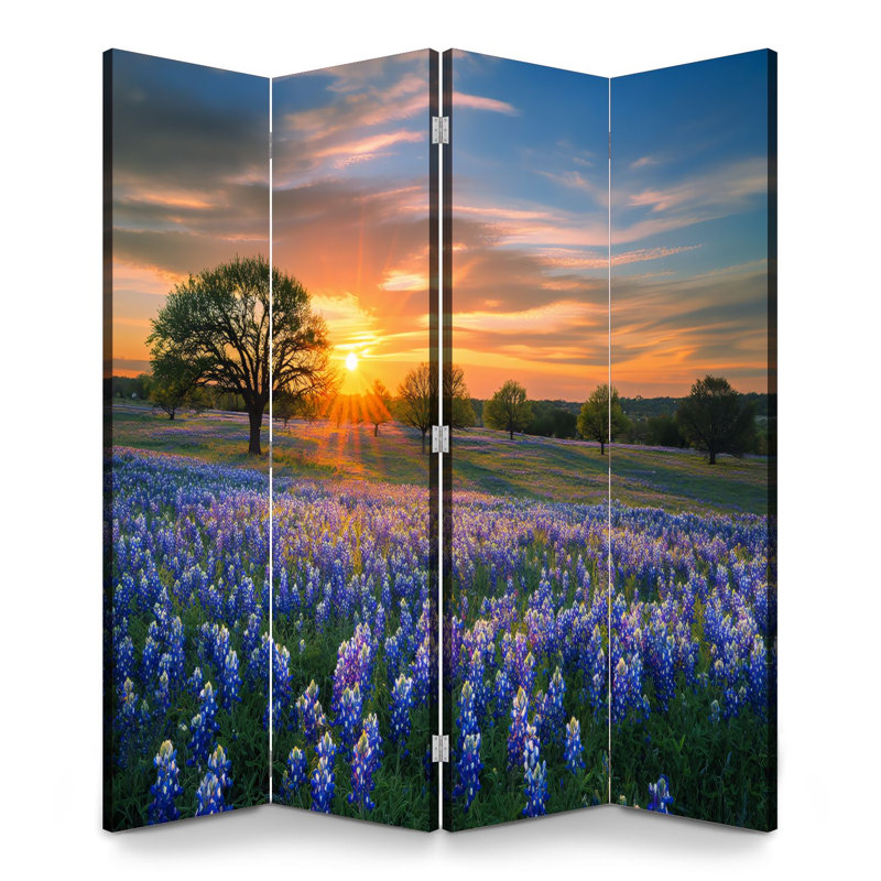 Cloison pliante à 4 panneaux Royal Texas Bluebonnet Field Sunrise, 71" H x 64" W x 1" D, 4